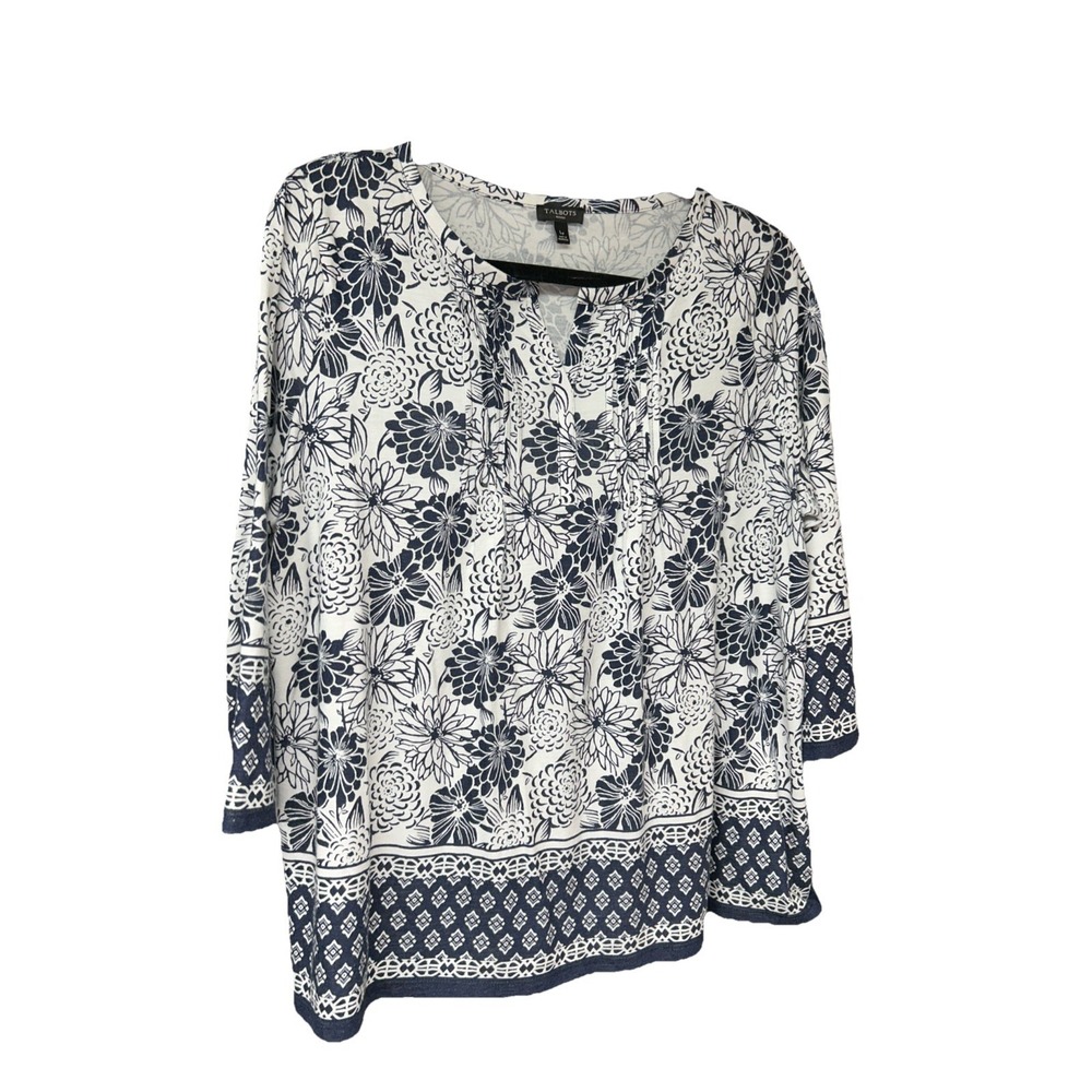 Talbots Tunic Top 3/4 Sleeve Navy and White Floral Casual Sz LP Large Petite 057